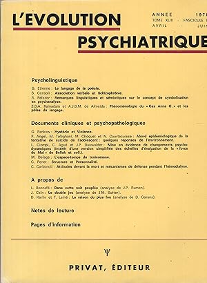 Image du vendeur pour L'volution Psychiatrique. - Tome XLIII - Fascicule II - Avril/Juin 1978 mis en vente par PRISCA