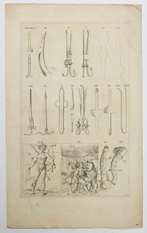 Opera omnia anatomica & chirurgica, 79. Tabula: Instrumente und Wundmann.