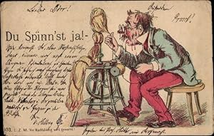 Vorläufer Litho Du Spinn'st ja, Mann am Spinnrad, 1889