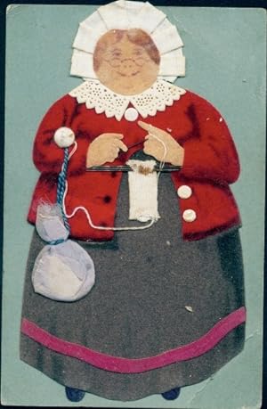 Stoff Ansichtskarte / Postkarte Alte Dame beim Stricken, Beutel