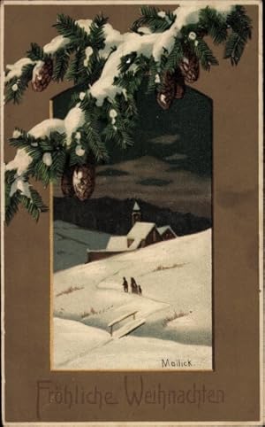 Präge Künstler Ansichtskarte / Postkarte Glückwunsch Weihnachten, Tannenzweige, Tannenzapfen, Kir...