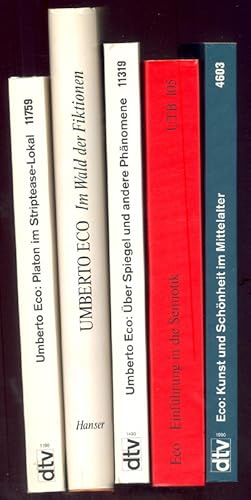 Imagen del vendedor de (5 Titel von U. Eco:) I: Platon im Striptease-Lokal. Parodien und Travestien. II: Im Wald der Fiktionen. Sechs Streifzge durch die Literatur. III: Spiegel und andere Phnomene. IV: Einfhrung in die Semiotik. V: Kunst und Schnheit im Mittelalter. a la venta por Antiquariat Buechel-Baur