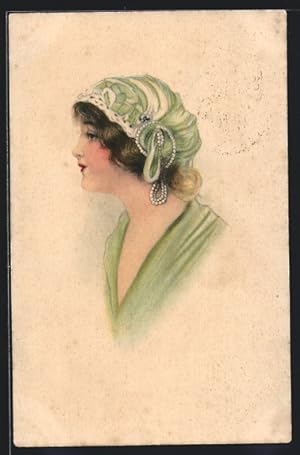 Ansichtskarte Junge Frau im grünen Kleid, Jugendstil