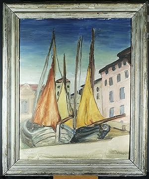 Gemälde. Segelboote in italienischem Hafen - 1926, signiert