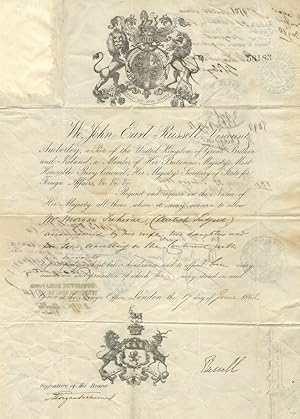 Seller image for We, John Earl Russell, Viscount Amberley [.] her Majesty's Secretary of State for the Foreign Affairs, ec., ec. ec. Request and require in the Name of Her Majesty all those whom it may concern to allow Mr. Morgan Treherne (British Subject) accompanied by his wife, two dauhgters and two sons travelling on the continent with his servants, to pass freely without let or hindrance and to afford him every assistance and protection [.] Given at the Foreing Office, London, the 17 day of June, 1862. for sale by Libreria Oreste Gozzini snc