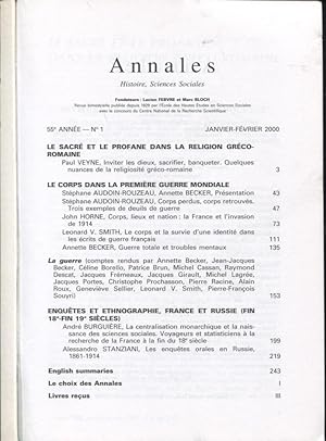 Image du vendeur pour Annales : Histoires, Sciences Sociales. - 55 Anne - N 1 - Janvier/Fvrier 2000 mis en vente par PRISCA
