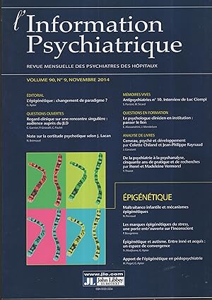 Image du vendeur pour L'Information Psychiatrique. Revue mensuelle des Psychiatres des Hpitaux. - Volume 90 - N 9 - Novembre 2014. mis en vente par PRISCA