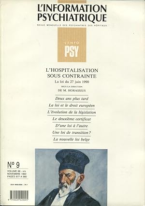 Image du vendeur pour L'Information Psychiatrique. - Revue mensuelle des Psychiatres des Hpitaux. - N 9 - Volume 68 - Novembre 1992 - L'Hospitalisation sous contrainte. mis en vente par PRISCA