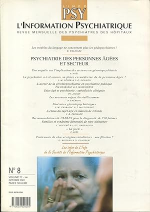 Bild des Verkufers fr L'Information Psychiatrique. - Revue mensuelle des Psychiatres des Hpitaux. - N 8 - Volume 77 - Octobre 2001 - Psychiatrie des personnes ges et secteur. zum Verkauf von PRISCA