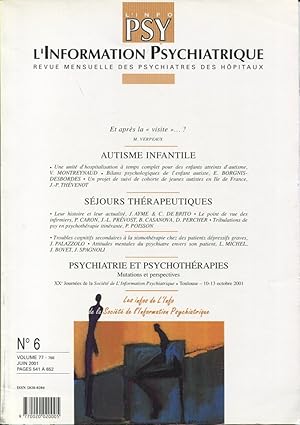 Bild des Verkufers fr L'Information Psychiatrique. - Revue mensuelle des Psychiatres des Hpitaux. - N 6 - Volume 77 - Autisme infantile. - Sjours thrapeutiques. - Psychiatrie et Psychothrapies. zum Verkauf von PRISCA