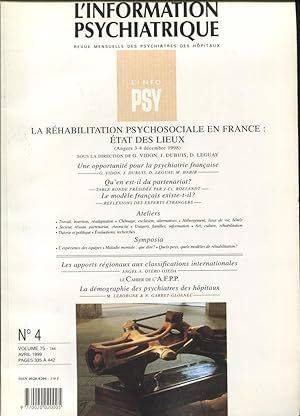 Seller image for L'Information Psychiatrique. - Revue mensuel des Psychiatres des Hpitaux. - N 4 - Volume 75 - La rhabilitation psychosociale en France : tat des lieux (Angers 3-4 dcembre 1998). for sale by PRISCA