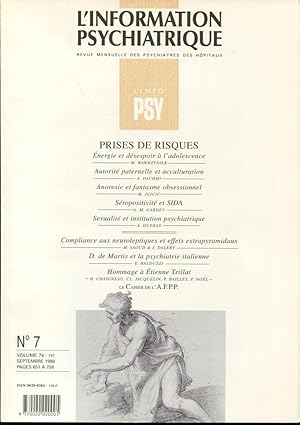 Imagen del vendedor de L'Information Psychiatrique. - Revue mensuelle des Psychiatres des Hpitaux. - N 7 - Volume 74 - Prises de risques. a la venta por PRISCA
