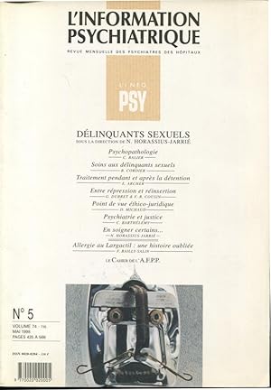 Imagen del vendedor de L'Information Psychiatrique. - Revue mensuelle des Psychiatres des Hpitaux. - N 5 - Volume 74 - Dlinquants sexuels. a la venta por PRISCA