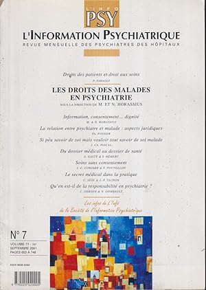 Seller image for L'Information Psychiatrique. - Revue mensuelle des Psychiatres des Hpitaux. - Volume 77 - N 7 - Les Droits des Malades en Psychiatrie. for sale by PRISCA