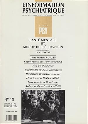 Seller image for L'Information Psychiatrique. Revue mensuelle des Psychiatres des Hpitaux. - N 10 - Volume 68 - Dcembre 1992 - Sant mentale et Monde de l'ducation. for sale by PRISCA