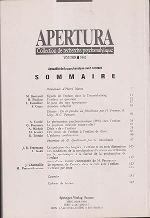 Immagine del venditore per Apertura. Collection de recherche psychanalytique. - Volume 6 - Actualit de la psychanalyse avec l'enfant. venduto da PRISCA