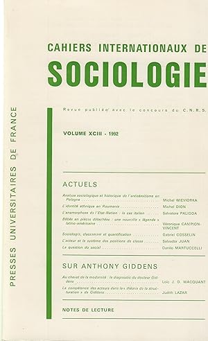 Bild des Verkufers fr Cahiers Internationaux de Sociologie - Volume XCIII - 1992. zum Verkauf von PRISCA