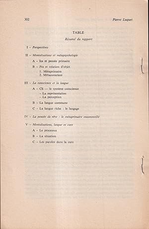 Bild des Verkufers fr Langage, pense et structure psychique. - Prsentation et rsum. (OFFPRINT - Tir  part) zum Verkauf von PRISCA