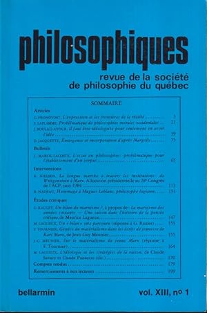 Imagen del vendedor de Philosophiques. - Revue de la Socit de Philosophie du Qubec. - Vol. XIII - N 1 a la venta por PRISCA