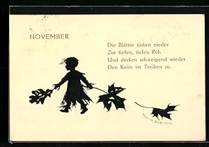 Bild des Verkäufers für Künstler-Ansichtskarte sign. Johanna Beckmann: Silhouette Kind mit Blättern im November zum Verkauf von Bartko-Reher