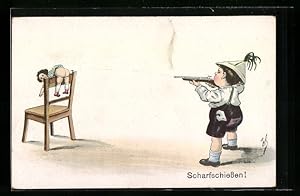 Seller image for Knstler-Ansichtskarte Willi Scheuermann: Junge mit Pistole beim Scharfschiessen auf Puppe for sale by Bartko-Reher