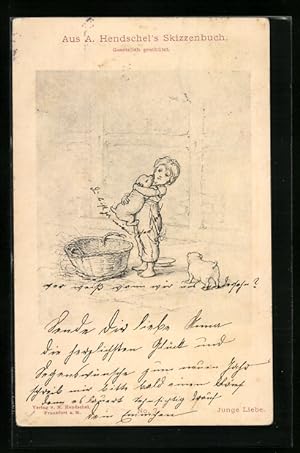 Bild des Verkufers fr Knstler-Ansichtskarte Albert Hendschel: Junge Liebe-Kleiner Junge mit Hunden zum Verkauf von Bartko-Reher
