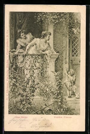 Bild des Verkufers fr Knstler-Ansichtskarte Hans Zatzka: Postillon d`Amour-Zwei Mdchen beobachten Engel zum Verkauf von Bartko-Reher