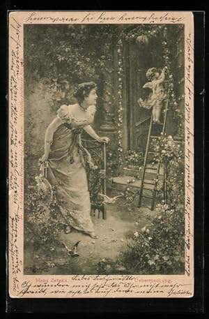 Bild des Verkufers fr Knstler-Ansichtskarte Hans Zatzka: berraschung-junge Frau beobachtet ein Engel am Hauseingang zum Verkauf von Bartko-Reher