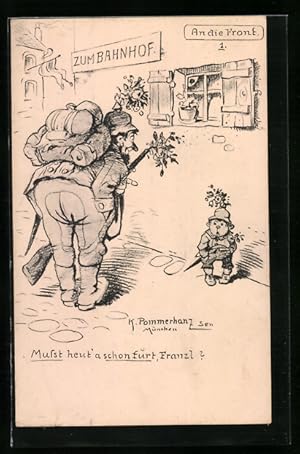 Bild des Verkufers fr Knstler-Ansichtskarte Karl Pommerhanz: humoristische Darstellung, an die Front, Soldat und kleiner Br am Bahnhof zum Verkauf von Bartko-Reher