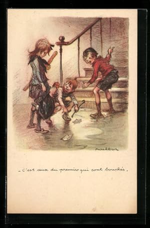 Seller image for Knstler-Ansichtskarte Francisque Poulbot: Franzsische Kinder lassen Papierboote in einer Pftze schwimmen for sale by Bartko-Reher