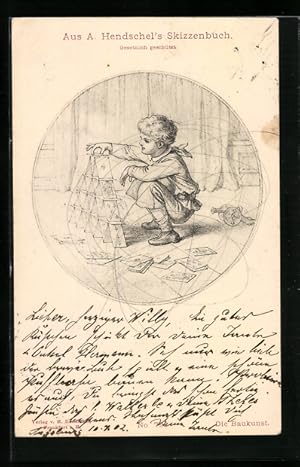 Image du vendeur pour Knstler-Ansichtskarte Albert Hendschel: Die Baukunst-Junge mit Spielkarten mis en vente par Bartko-Reher