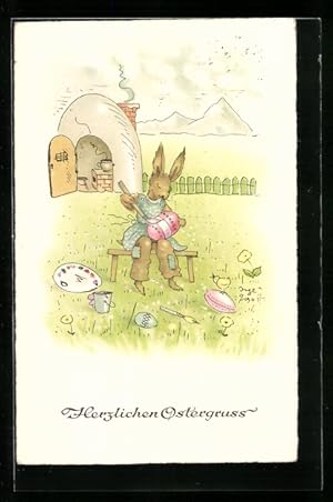 Bild des Verkufers fr Knstler-Ansichtskarte Inge Schott: Osterhase beim Bemalen von Eiern vor seiner Htte zum Verkauf von Bartko-Reher