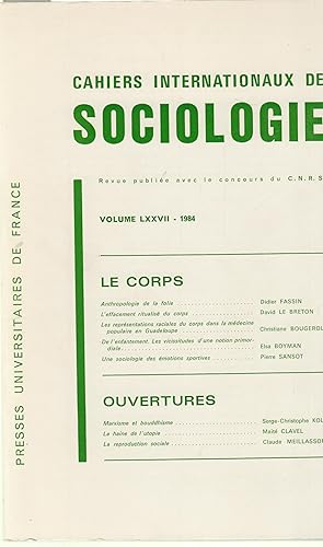 Seller image for Cahiers Internationaux de Sociologie - Volume LXXVII - 1984. for sale by PRISCA