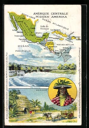 Postcard Mexico, Canal de Panama, Mexikaner, Haus und Ochsenwagen, Landkarte