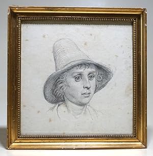 Image du vendeur pour Dreiviertel-Portrait eines jungen Mannes mit Hut. Original Bleistiftzeichnung mit Bleistiftbegrenzungslinie. 16 x 15,7 cm. Verso eine Bleistift- Tuscheskizze einer sitzenden Damen (ohne Kopf). mis en vente par Antiquariat Dr. Lorenz Kristen