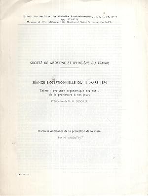 Seller image for Extrait des Archives des Maladies Professionnelles, Tome 35, N 9 - Socit de Mdecine et d'Hygine du Travail - Sance exceptionnelle du 11 Mars 1974 - Thme : volution ergonomique des outils, de la prhistoire  nos jours. - Histoires anciennes de la protection de la main. for sale by PRISCA