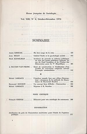 Immagine del venditore per Revue franaise de Sociologie. - Tome XIII - N 4 - Octobre/Dcembre 1972. venduto da PRISCA