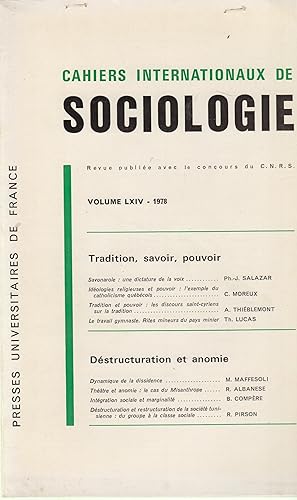 Bild des Verkufers fr Cahiers Internationaux de Sociologie - Volume LXIV - 1978. zum Verkauf von PRISCA