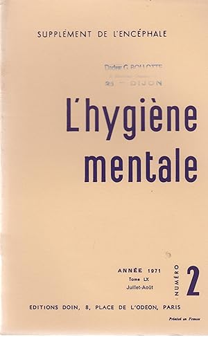 Seller image for L'Hygine mentale - Supplment de l'Encphale. - Anne 1971 - Tome LX - N 2 - Juillet/Aot. for sale by PRISCA