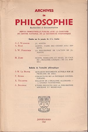 Imagen del vendedor de Archives de Philosophie. Recherches et documentation. - Tome XXX - Cahier 1 - Janvier/Mars 1967 - tudes sur la pense de J.L. Austin. - Bulletin de l'actualit philosophique. a la venta por PRISCA