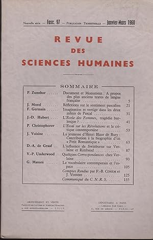 Image du vendeur pour Revue des Sciences Humaines - Nouvelle Srie - Fascicule 97 - Janvier/Mars 1960. mis en vente par PRISCA