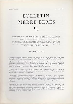 Bild des Verkufers fr Bulletin Pierre Bers - N 81 - Informations. - Entomologie - Avec les aquarelles originales. - Avec les aquarelles originale d'Apreval. - Les insectes du monde entier. - Le Monument de la Lpidoptrologie. zum Verkauf von PRISCA