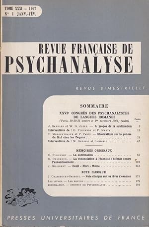Image du vendeur pour Revue Franaise de Psychanalyse. - Tome XXXI - N 1 - XXVI Congrs des Psychanalystes de Langues Romanes (Paris, 29-30-31 octobre et 1er novembre 1965) (suite). mis en vente par PRISCA