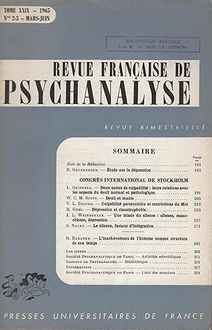 Seller image for Revue Franaise de Psychanalyse. - Tome XXIX - N 2-3 - Mars/Juin 1965. for sale by PRISCA