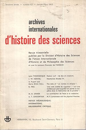 Seller image for Archives Internationales d'Histoire des Sciences. - 16 Anne - N 62 for sale by PRISCA