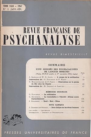 Seller image for Revue Franaise de Psychanalyse. - Tome XXXI - N 1 - Janvier/Fvrier 1967. - XXVI Congrs des Psychanalystes de Langues Romanes (Paris, 29-30-31 octobre et 1er novembre 1965) (suite). for sale by PRISCA