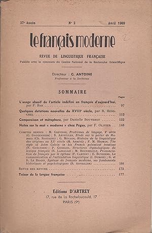 Immagine del venditore per Le Franais Moderne. Revue de Linguistique franaise. - 37 Anne - N 2 - Avril 1969. venduto da PRISCA