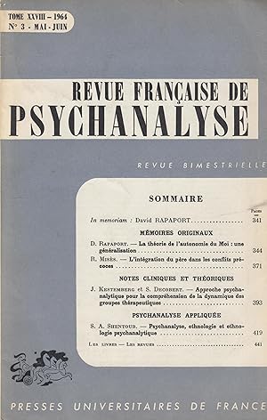 Imagen del vendedor de Revue Franaise de Psychanalyse - Revue bimestrielle - Tome XXVIII - Mai/Juin 1964 - N 3 a la venta por PRISCA