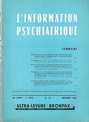 Image du vendeur pour L'Information Psychiatrique. - 38 Anne - 5 Srie - N 10 - Dcembre 1962 mis en vente par PRISCA