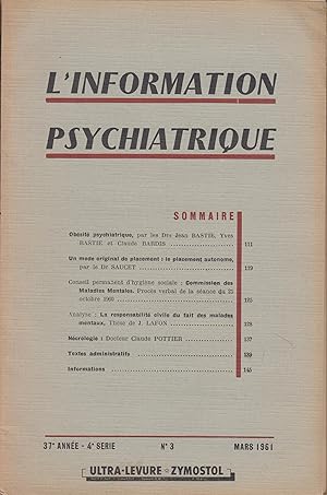 Seller image for L'Information Psychiatrique - 37 anne - 4 srie - N 3 - Mars 1961 for sale by PRISCA